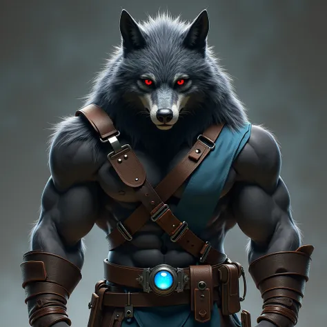 Species: Anthropomorphic Wolf Physical :  Muscular Dark fur Intense red eyes Serious and intense expression Clothing :  Blue and brown clothing Belt with a blue gem in the center Metal bracelet on the left arm Leather straps on the right arm