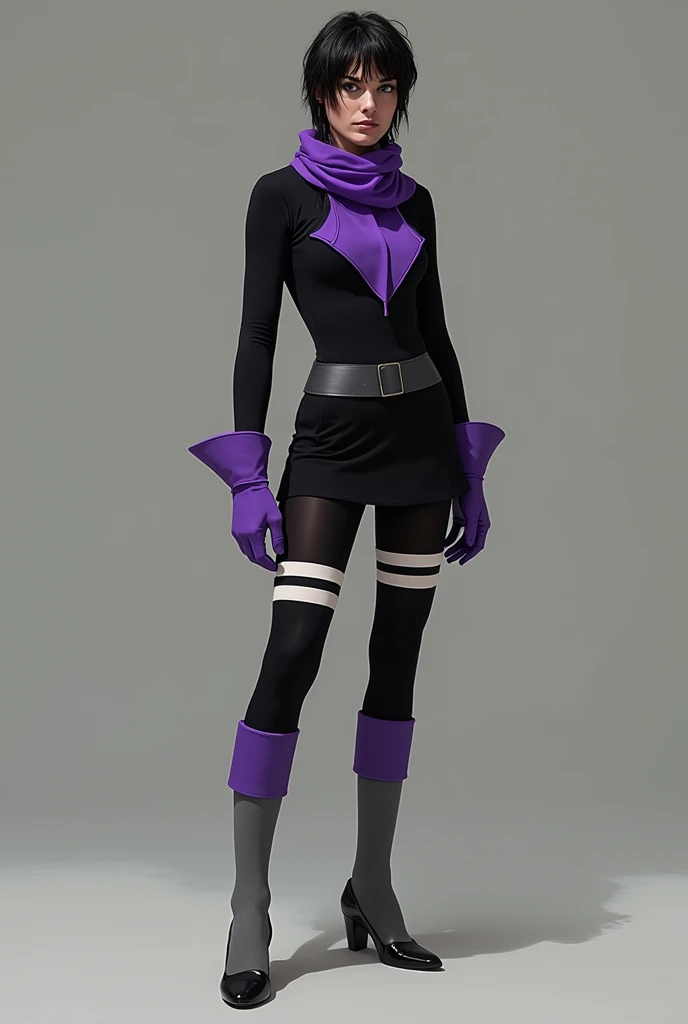 Costume from the 70s, mainly stylized with a black skirt with two white lines, gray warmers, black tights and some garment from the top with a purple color or some purple accessory for a murderer. 