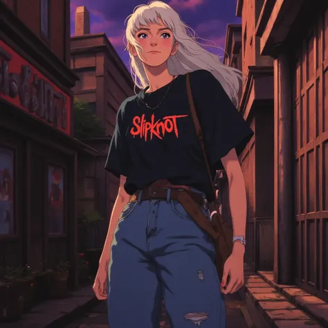 A stunning young woman stands in a dimly lit alley at night, her white hair flowing freely in the cool breeze. She wears a loose, oversized Slipknot band t-shirt, with their iconic logo boldly displayed on the front, paired with high-waisted, worn-in jeans...