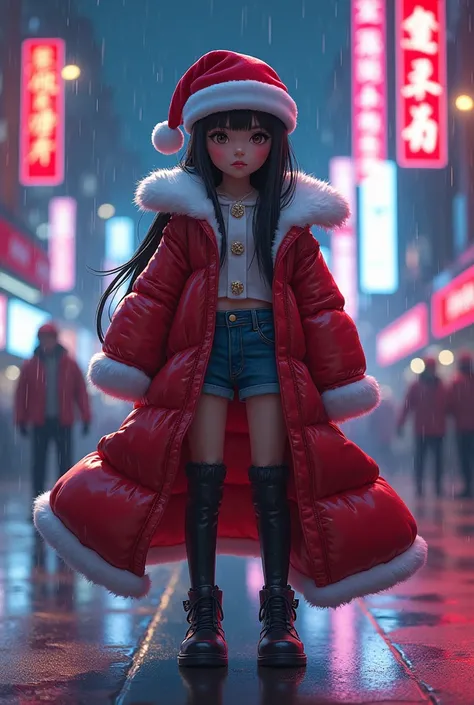 （ are of the best quality）、（masterpiece）、illustration、Cartoon，一个中国女孩穿着 cyberpunk服装、Santa hat、（ cyberpunk，Chinese clothing）、vibrant colors、Dynamic Lighting、neon、Shining city skyline、Holographic projection、 THE FUTURE OF FASHION FOOTWEAR  、  a combination of...