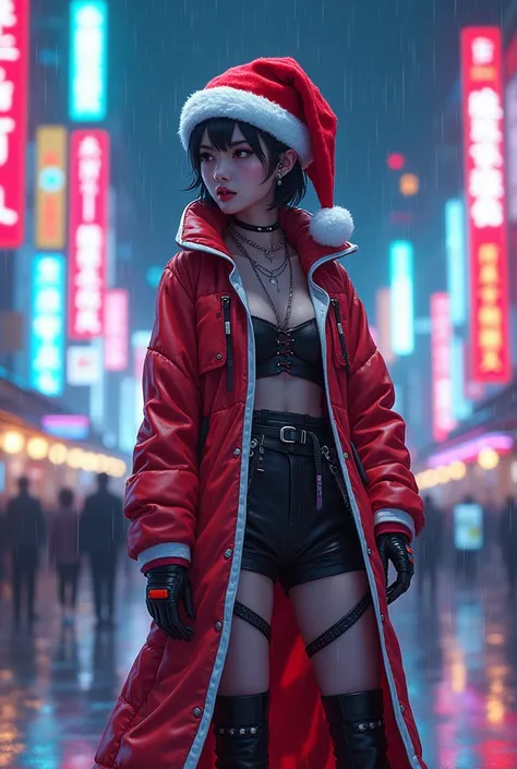 （ are of the best quality）、（masterpiece）、illustration、Cartoon，一个中国女孩穿着 cyberpunk服装、Santa hat、（ cyberpunk，Chinese clothing）、vibrant colors、Dynamic Lighting、neon、Shining city skyline、Holographic projection、 THE FUTURE OF FASHION FOOTWEAR  、  a combination of...