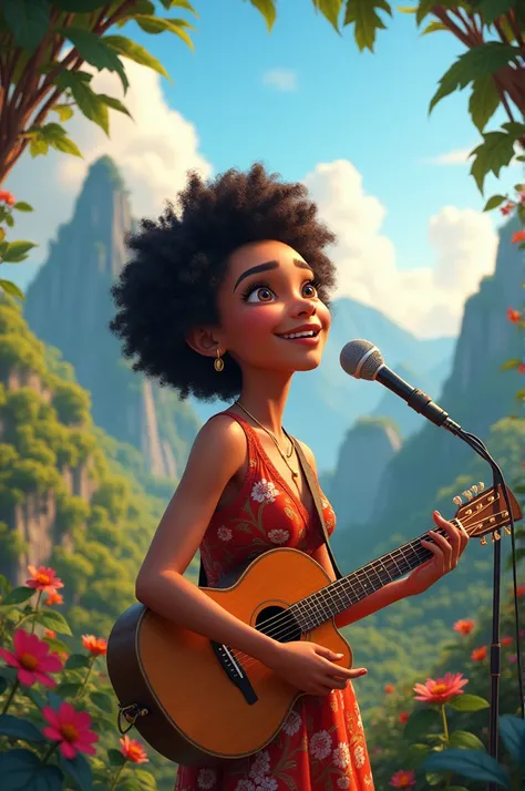 Black Pixar poster ,  with short curly hair , nose fine, small mouth,  thick lips,  playing a guitar in a beautiful landscape.
 She is  and a singer 