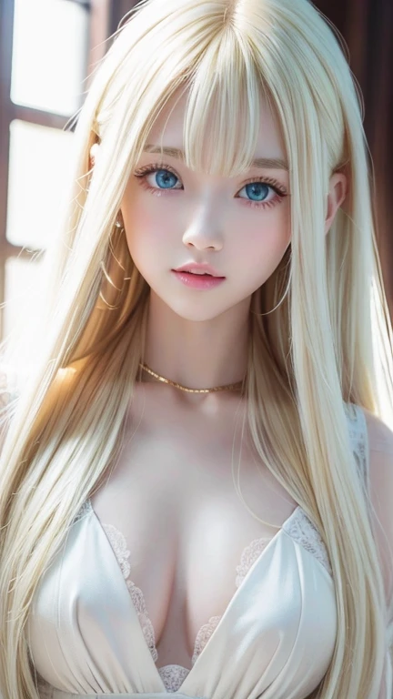  1 14-year-old incredibly white girl 、super long golden hair 、bangs、 super long platinum blonde silky hair 、Big incredibly bright, glowing white, vibrant mint-green eyes、目の間のbangs、very long golden hair 、 high definition 、 blond hair between eyes 、eye-catch...