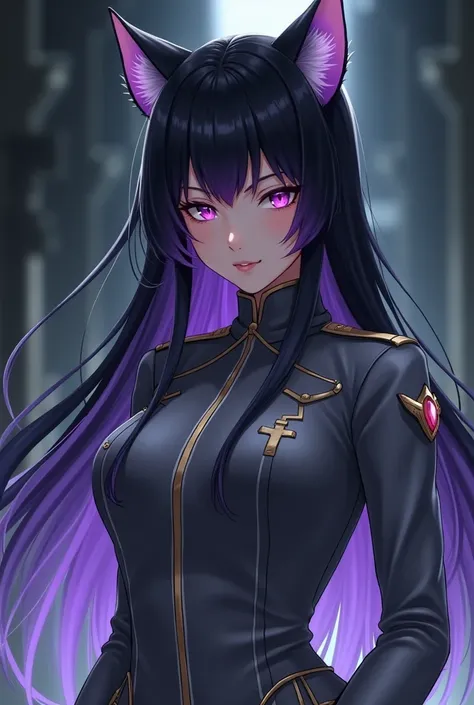 Female character with long black hair with purple tips and a uniform similar to that of shinobu but gray
And cat ears