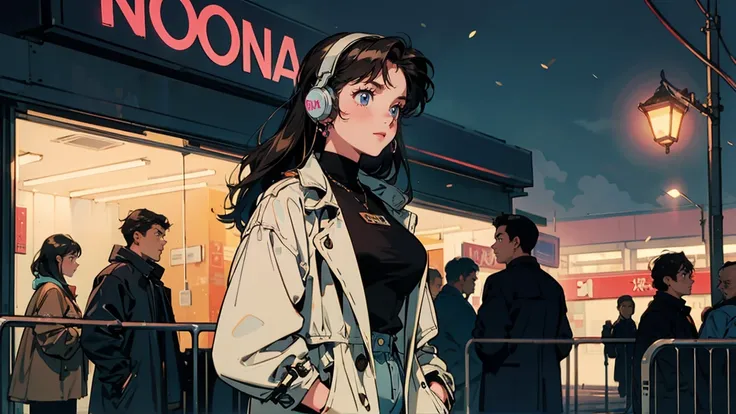  top quality, 8k,  1990s style , 2010s hairstyles, 21 year old beautiful girl, (( Im watching here )),  black hair,  long hair,  light brown eyes, Big Breasts,  city pop,  headphones , Night cityscape,  standing with different breasts ,  NEON STREET , Brow...