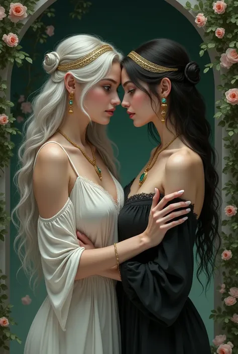 A forbidden love between two girls , , one with white skin, shiny silver hair and emerald green eyes, wearing a white tunic and a gold headband ,, the other girl with pale skin, deep black hair and blue-gray eyes, wearing a black dress and a black necklace...