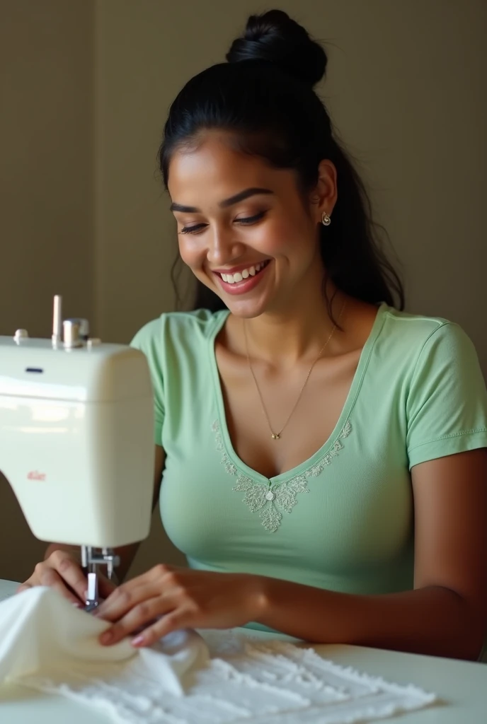 A srilankan sexy girl who happily sews in a sewing machine, breasts should be full.  Wear a light green tshart and wait in front of her. Sewing machine should be white