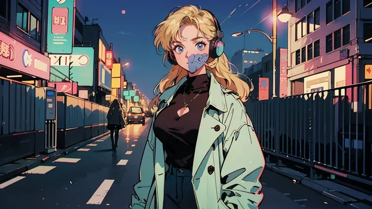  top quality, 8k,  1990s style , 2010s hairstyles, 21 year old beautiful girl, (( Im watching here )), Blonde,  long hair,  Light Blue Eyes , Big Breasts,  city pop,  headphones , Night cityscape,  standing with different breasts ,  NEON STREET , Brown tre...