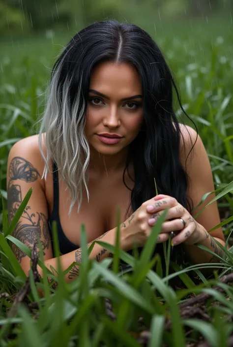 Laying on her stomach in the grass in the rain, tight wet black bra, white high waist thong, tattoos, long black and white hair