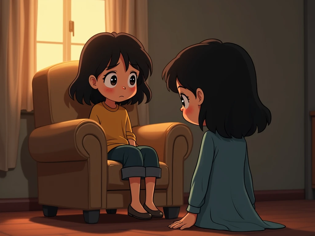 Sad girl sitting in an armchair with her animated mom looking forward 