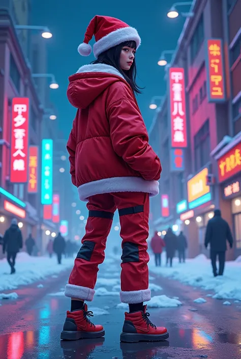 （ are of the best quality）、（masterpiece）、illustration、Cartoon，一个中国女孩穿着 cyberpunk服装、Santa hat、（ cyberpunk，Chinese clothing）、vibrant colors、Dynamic Lighting、neon、Shining city skyline、Holographic projection、 THE FUTURE OF FASHION FOOTWEAR  、  a combination of...