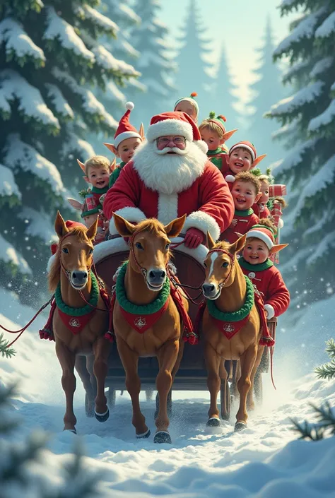 7 of Christmas elves and characters riding on a sleigh filled with presents,Santa Claus in a adidas Track suit , the elf with red and green clothing Style