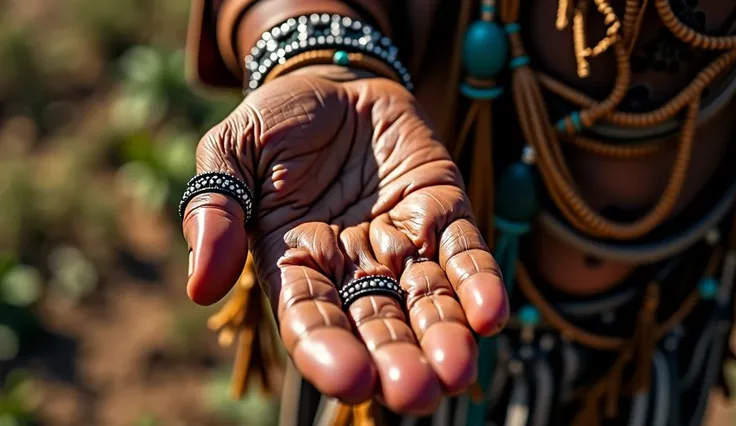 a cherokee chiefs open hand, close up, overhead view,(best quality,4k,8k,highres,masterpiece:1.2),ultra-detailed,(realistic,photorealistic,photo-realistic:1.37),extremely detailed hands and fang,intricate bead work,warm lighting,natural skin tones,chiarosc...