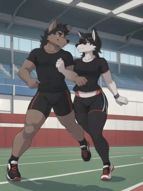 Furry, wolf, female, male, couple, black shirt, black spandex bike shorts, shoes, indoor running track, teen, competitor, full body