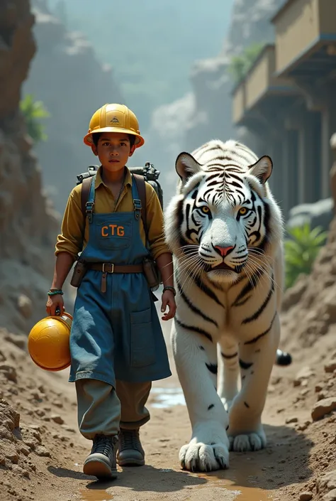 A young mine porter using a blue apd inscribed ctg and yellow helem walks alongside a white tiger from the front
