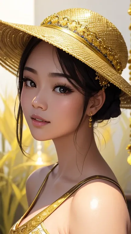 An extreme close-up portrait of a beautiful Thai woman, her skin illuminated by a soft, bright white light that casts pure, clean reflections. The fine gold textures in her clothing stand out against the white tone, creating a striking contrast. From the s...