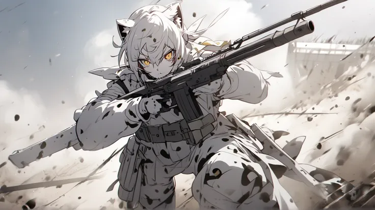 White cat、Personification、Beauty、battlefield、 holding an assault rifle