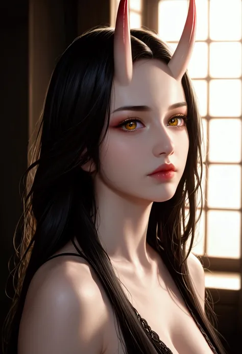 a oni girl, a pair of skin-covered horns on the forehead, beautiful detailed eyes, beautiful detailed lips, extremely detailed face and features, flawless intricate skin, long black hair, dark fantasy, gothic, dramatic lighting, cinematic, 8k, highly detai...