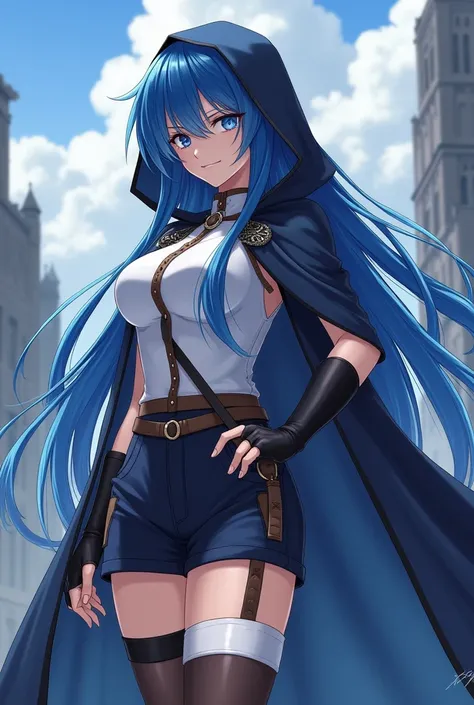  anime style ,tall adult woman  +18 years old,Very long straight blue hair, Blue Eyes, hoodie with dark blue cape ,  sleeveless white blouse with black and brown details, dark shorts,  black stocking on the left leg , white bands on the right leg and wrist...