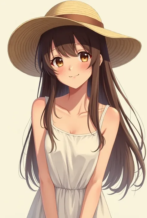 aiko tanaka, brown hair, long hair, (brown eyes:1.5), bangs, thick eyebrows, broken tooth, dress, white blank dress, bare shoulders, sundress, sun hat, happy-go-lucky person, 20 years old, melancholy 