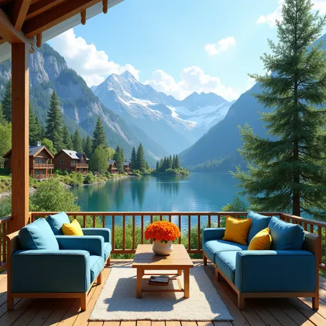 The image shows a beautiful outdoor living area with a stunning view of a mountain lake. The lake is surrounded by lush greenery and trees, and the mountains in the background are covered in snow. The sky is blue and the weather appears to be sunny and war...