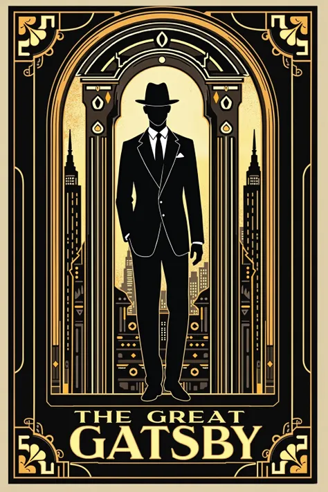 An award winning book cover for the novel The Great Gatsby by F. Scoot Fitzgerald with an art deco design. The title and author are included so that it looks like a novel cover.