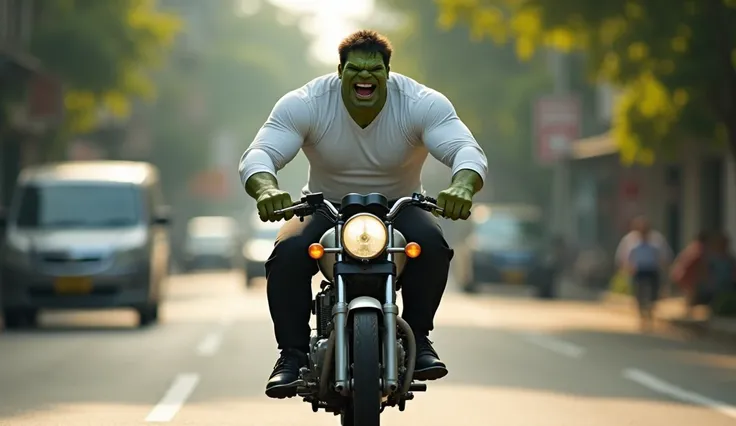 Create a hyper-realistic ultra-HD image of the Hulk wearing a plain white long-sleeve shirt, black trousers, and black leather dress shoes, riding an old Honda motorcycle on a busy road in Indonesia. Hulk is wearing a helmet and appears excited and full of...