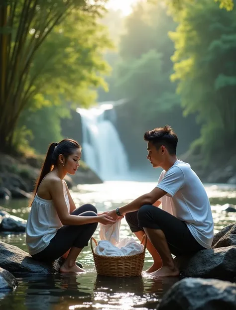 facing forward,Cool Photography Style, A beautiful white-skinned Sundanese woman,ideal body,firm, solid, ideal chest,black hair tied in a ponytail, wearing batik ,and a handome man memakai kaos putihndan celana hitam, looking at the camera, sitting washing...