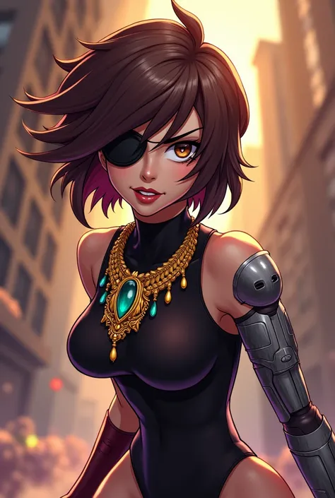 A female character from Skullgirls with short brown hair, brown eyes, a robotic hand dressed in one piece, a patch on one eye and who is wearing an extravagant necklace with a somewhat cartoonish battle game-like style fighting
