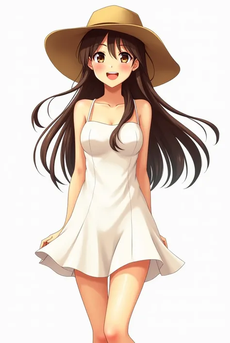 aiko tanaka, brown hair, long hair, (brown eyes:1.5), bangs, thick eyebrows, broken tooth, dress, white blank dress, bare shoulders, sundress, sun hat, happy-go-lucky person, not ish-looking