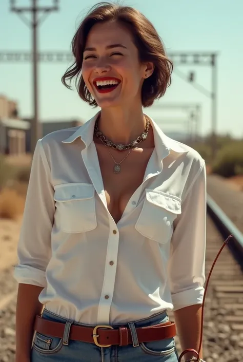 pilot lady , in white casually deep-necked airlines pilot shirt, laughing with her mouth open, red lipstick accentuating her smile,belt on waist, big wide hips, chest are fully grown, jewerly, short hair, HD, holds a long bull whip, enjoing at railroad wai...