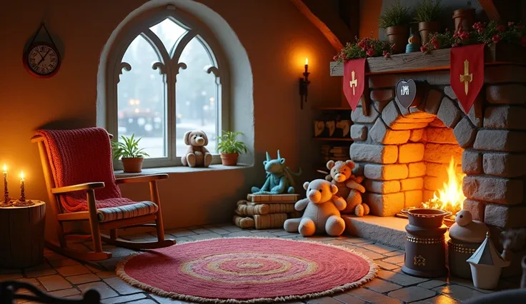 
“A cozy, -friendly medieval scene set in a warm, stone cottage. The room is softly illuminated by flickering candles in rustic lanterns and the gentle glow of a crackling fireplace, casting a warm golden light across the wooden beams and stone walls. On t...