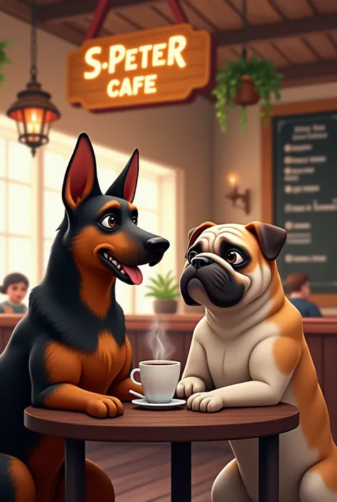 Generate an image of a Belgian shepherd drinking coffee with a bulldog and that the coffee shop is called St Peter cafe