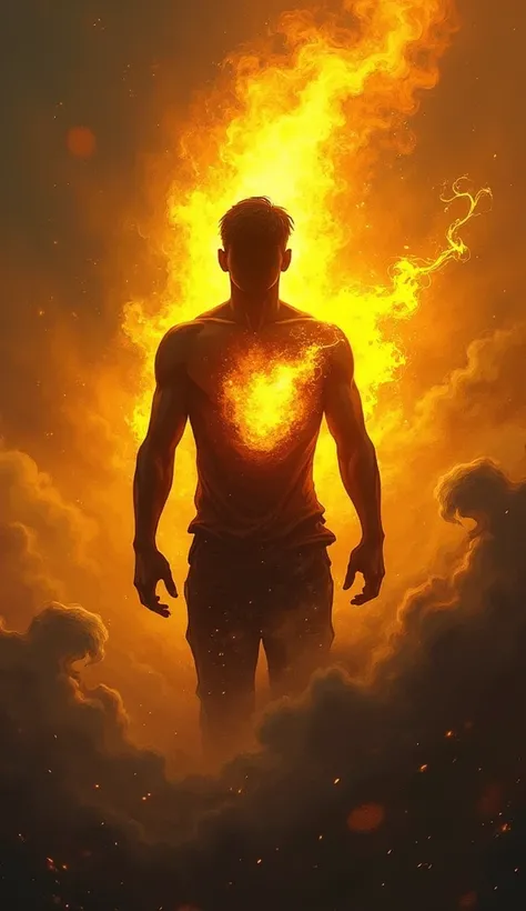  A golden flame shining inside a person in a silhouette, even as strong winds try to extinguish it .