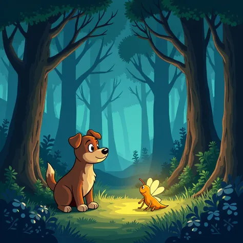  create images through each paragraph of a story that Im going to send ,  use the same cartoon model and characters : in an enchanted forest, There was a dog named Toddy .  He was a very curious dog and loved to explore nature around his house . One day,  ...