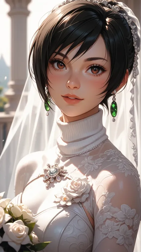 Yuffie Kisaragi, wedding dress, long sleeve, turtleneck, facing the viewer