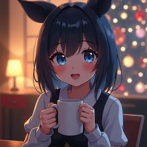  blush,  blue eyes,  smiles,  look , Animal ears loli, 1 girl,  Modern Anime ,Realistic touch,Erotic,virtual,night, Christmas,uniform,chest,I have a mug,Home date