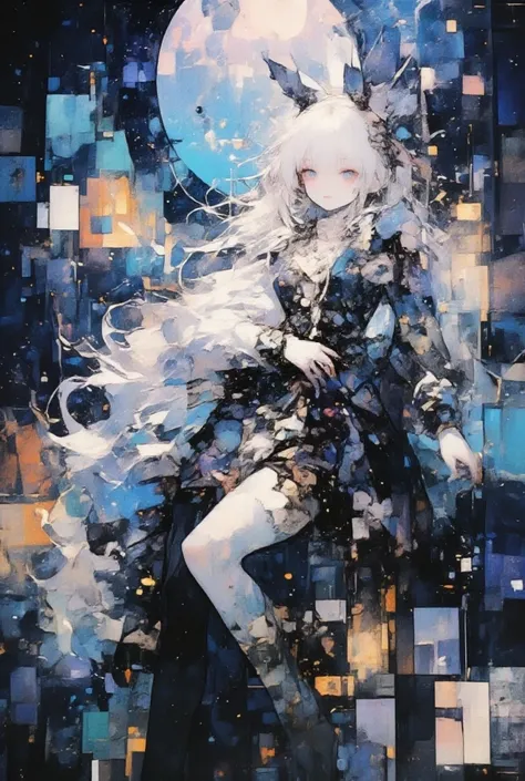 1 Gender unknown,  long white hair ,  cosmic background 