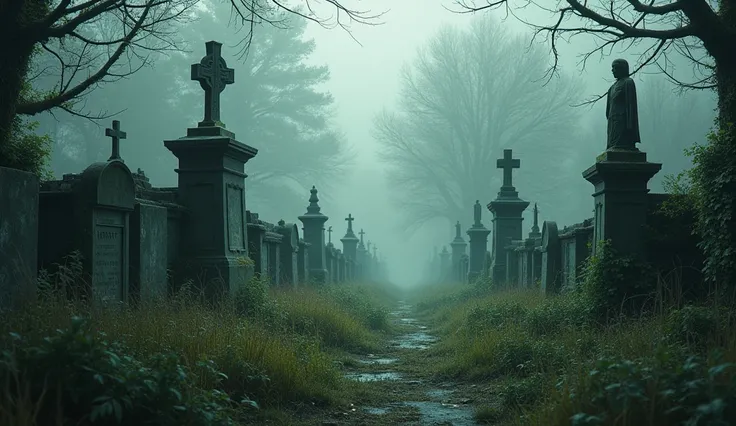 Scene 1 cemetery overgrown with grass, deserted atmosphere