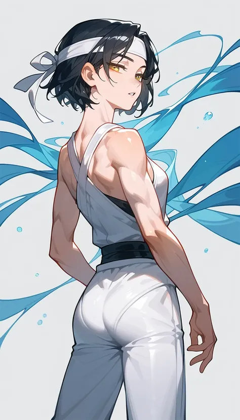 Single girl, alone, adult female, highly detailed, intricate details, short blunt hair, black hair, headband, white sleeveless gi, half-closed eyes, golden eyes, parted lips, rear view, white martial arts pants, standing confidently, barefoot, calm, medium...