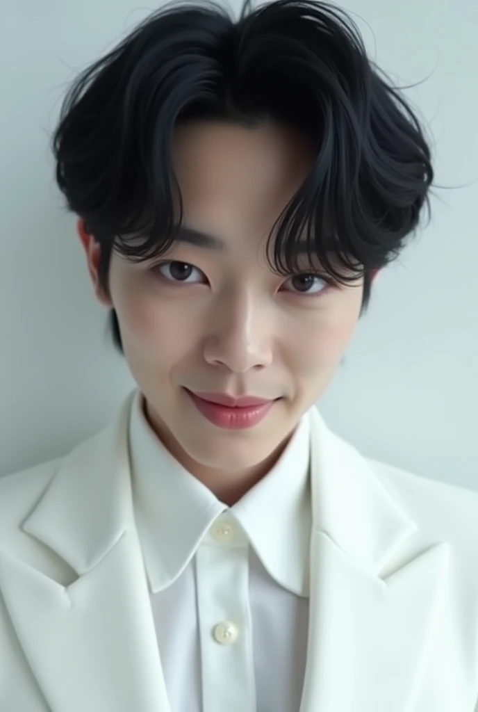 Jungkook from bts in a white suit completely  with jet hair a little long not so long,  while smiling like a psychopath  
