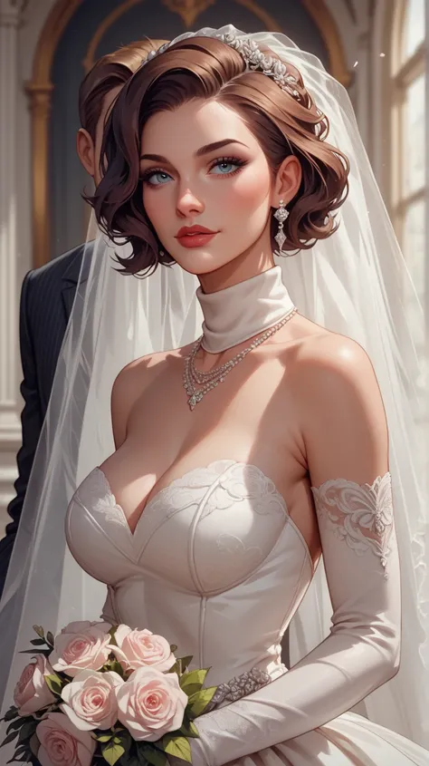 Vincent Valentine, wedding dress, long sleeve, turtleneck, facing the viewer