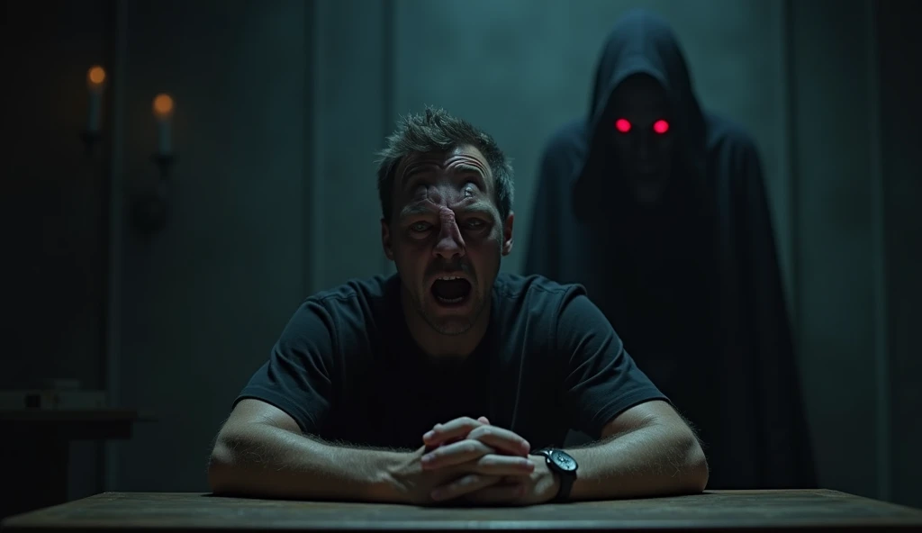 An 8K ultrarealistic scene of a man sitting at a table in a dimly lit room, his face showing intense fear and distress. In the background, the shadowy silhouette of Satan is visible, wearing a black hood and glowing red eyes piercing through the darkness. ...