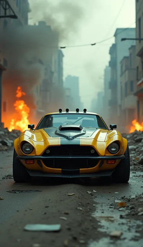 A hyper-realistic cinematic depiction of a heavily modified combat car with an aggressive, battle-ready design. The car is painted in a striking combination of yellow and black, with sharp edges, reinforced armor, and headlights that shine through the smok...