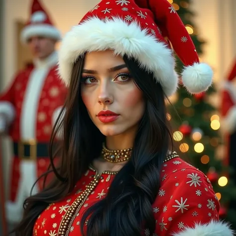  A woman with long black hair with illuminated brown lights,  she is wearing a red dress from Santa Claus ,  has a hole on the head of Santa Claus  , The 4K image 