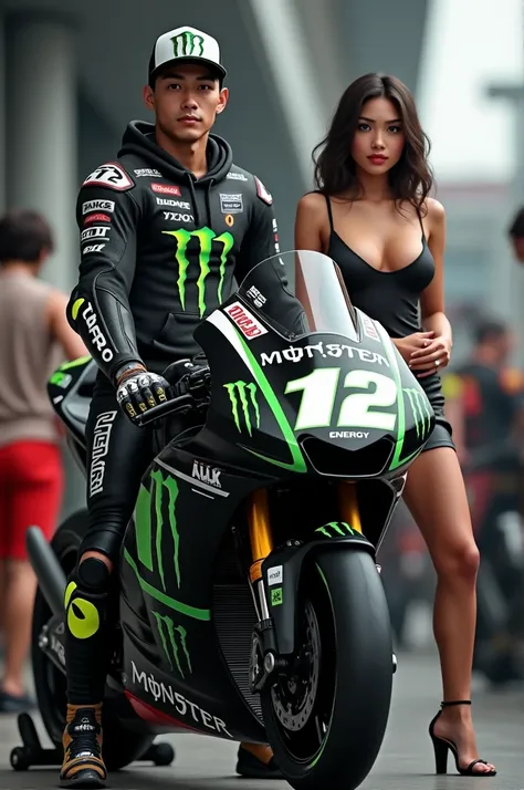 Foto realistis detail UHD Livery Nomor 12 MotoGP Monster Energy Motor Balap 2024, Pria Indonesia Tampan Berusia 25 Tahun Berdiri Mengenakan Topi Basket 12, Jaket Sweater Hoodie, dan Wanita Indonesia Cantik payudara besar Pakai tangtop 