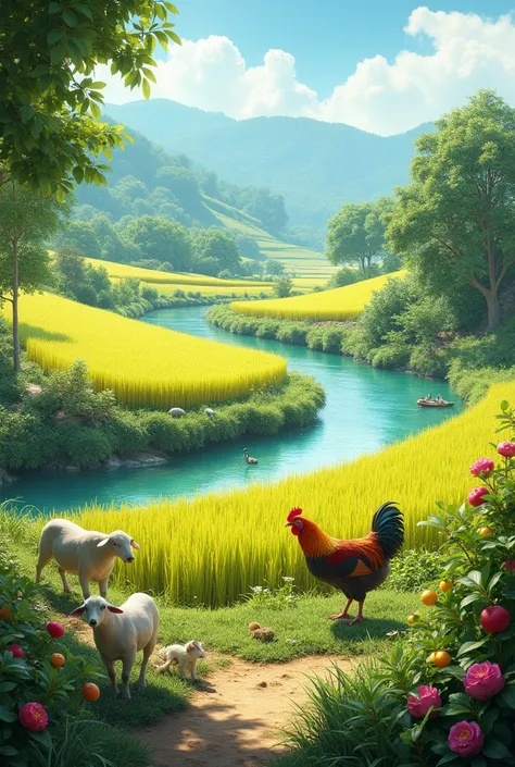 Create an image of agritourism with its rice field, livestock such as poultry and sheep, then fruit trees and crop make it more realistic