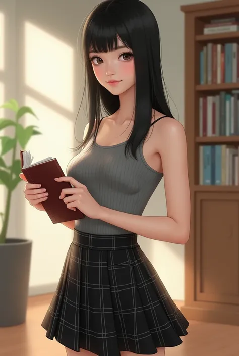 Super slender + white super fine skin + Japanese beauty.mid-10s,1woman, solo, young adult, straight black hair, medium length, full bangs, light makeup, smooth skin, slim figure, wearing a sleeveless gray ribbed top, black plaid skirt, holding a book,
indo...