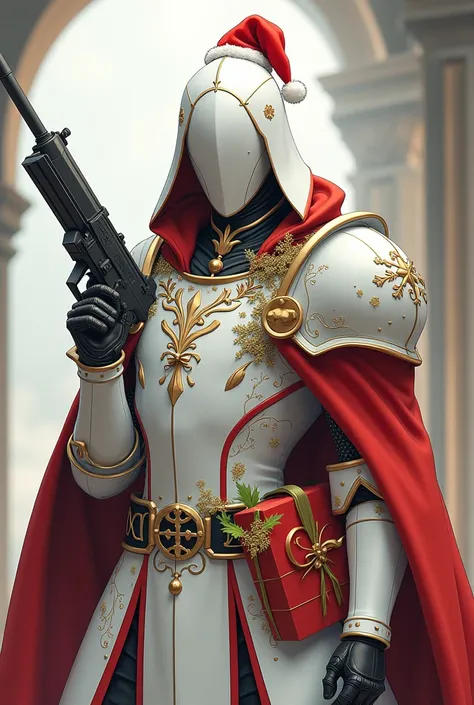 Make the image of a futuristic medieval knight ,  he wears an elegant white suit with red details , He also wears Christmas decorations  ( Christmas hat)  and he wears some golden flowers in his costume, in addition he wears a white futuristic medieval bal...