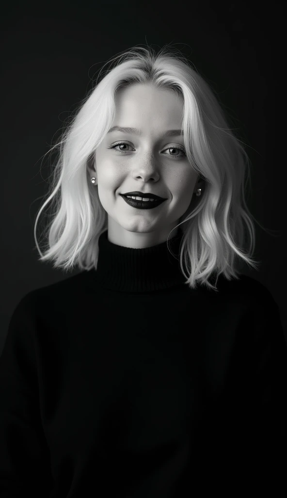 monochrome, noir, albino girl in black sweater on black background, happy, smiling, shy, scarlet lips, Billy Eilish, , peter lindberg, blonde princess, x-ray, 5 0 0 px model, professional photo --ar 9:16